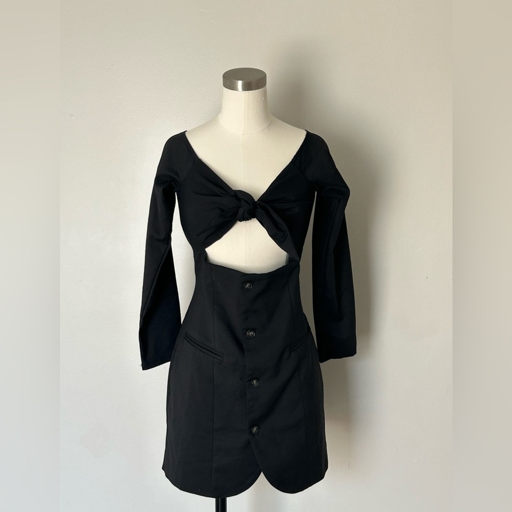 Choosy Black Cut Out Front Tie Button Down Dress